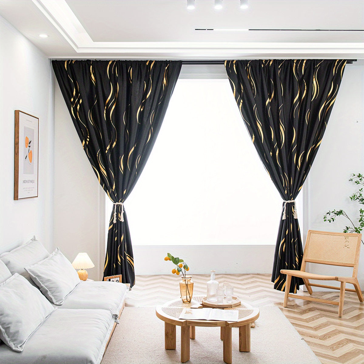 Rideau occultant noir et doré à motifs ondulés pour salon et chambre