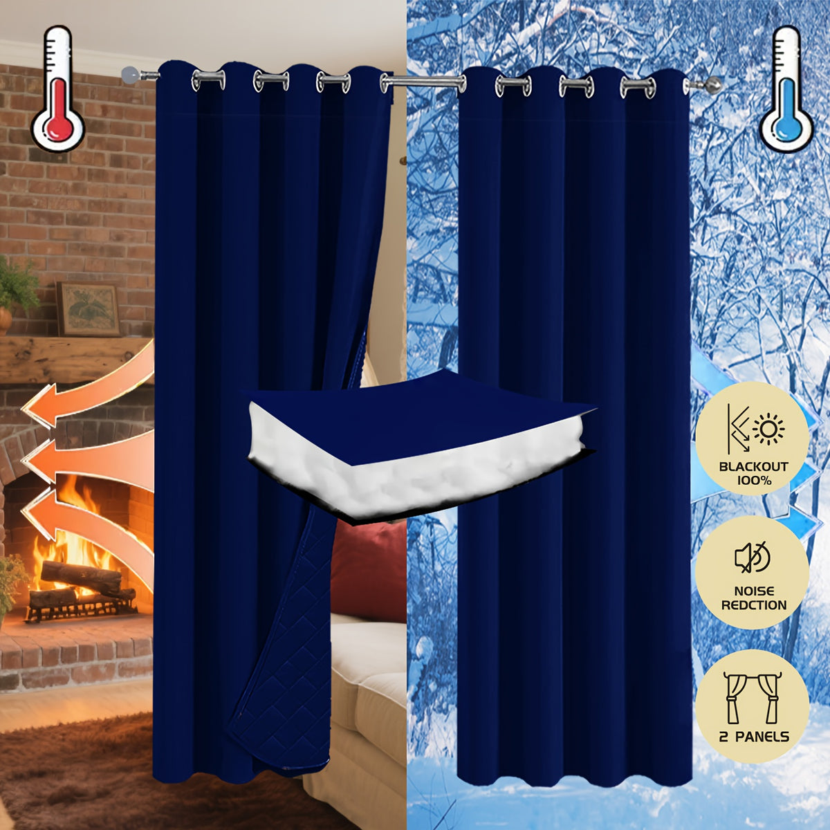 Rideaux occultants thermiques épais à œillets isolants (2 panneaux), hauteur 200 à 239 cm
