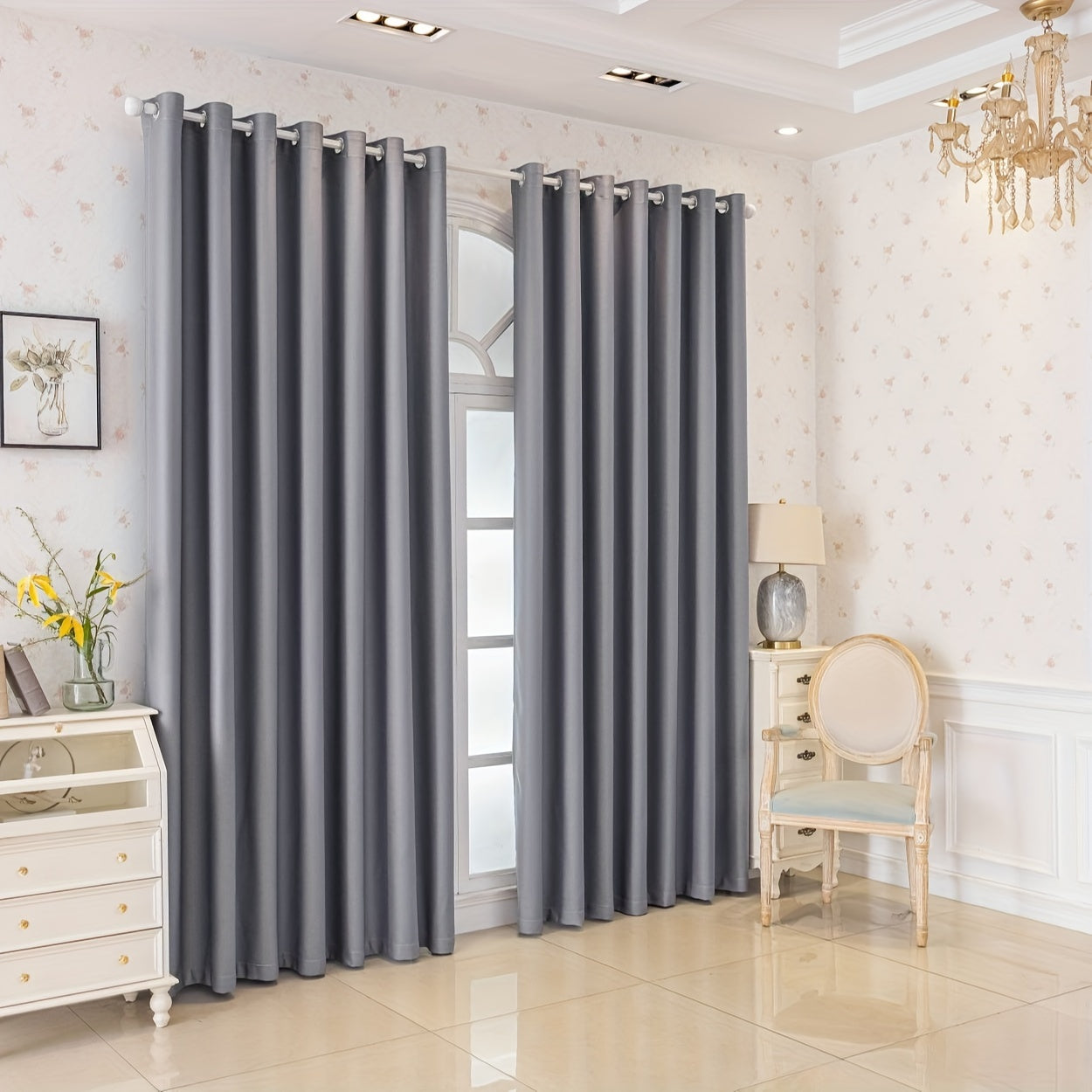 Rideaux occultants gris épais en polyester pour salon et chambre (2 panneaux)