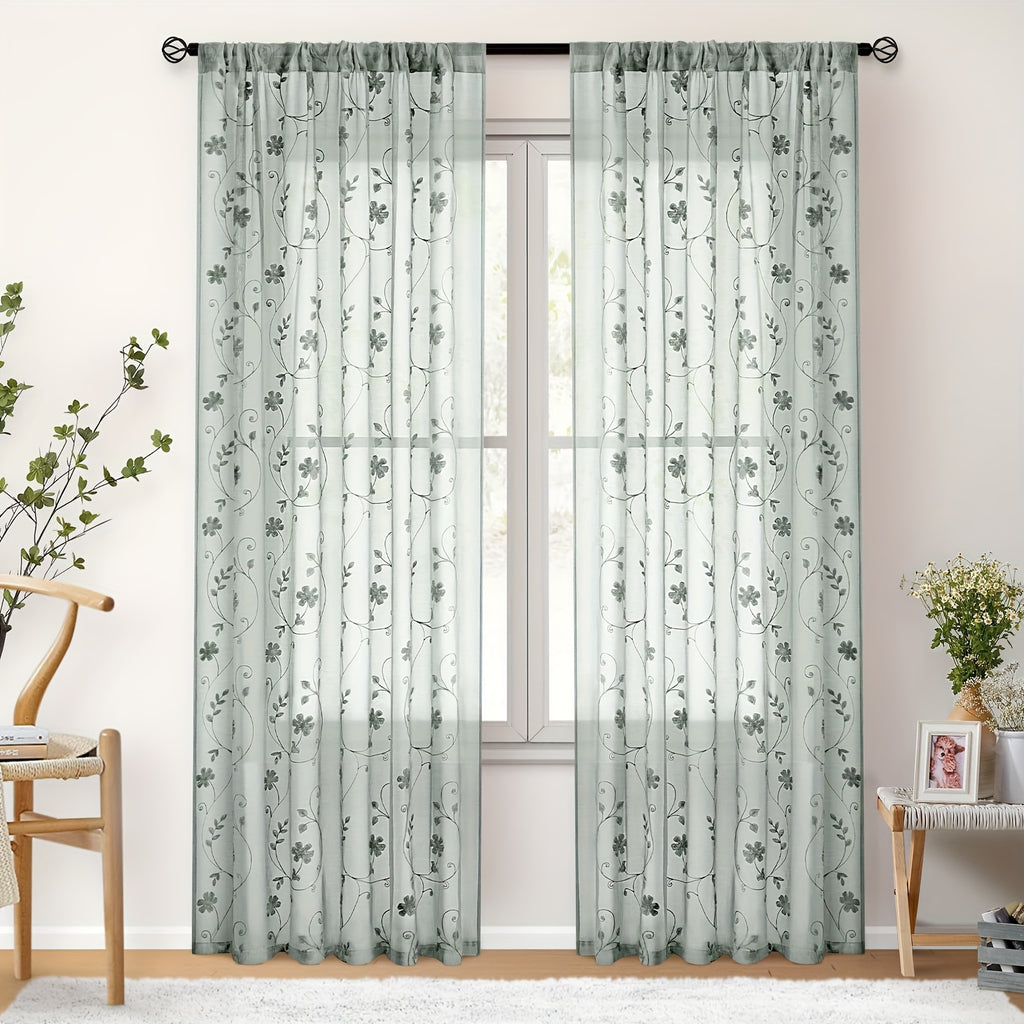 Rideaux voilage brodés fleurs semi-transparents, vert sauge