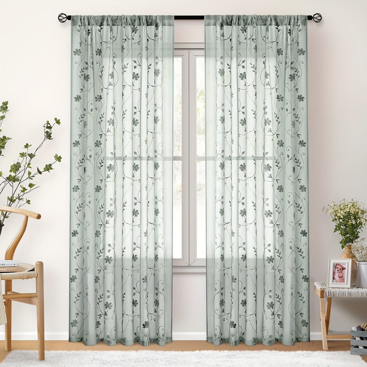 Rideaux voilage brodés fleurs semi-transparents, vert sauge