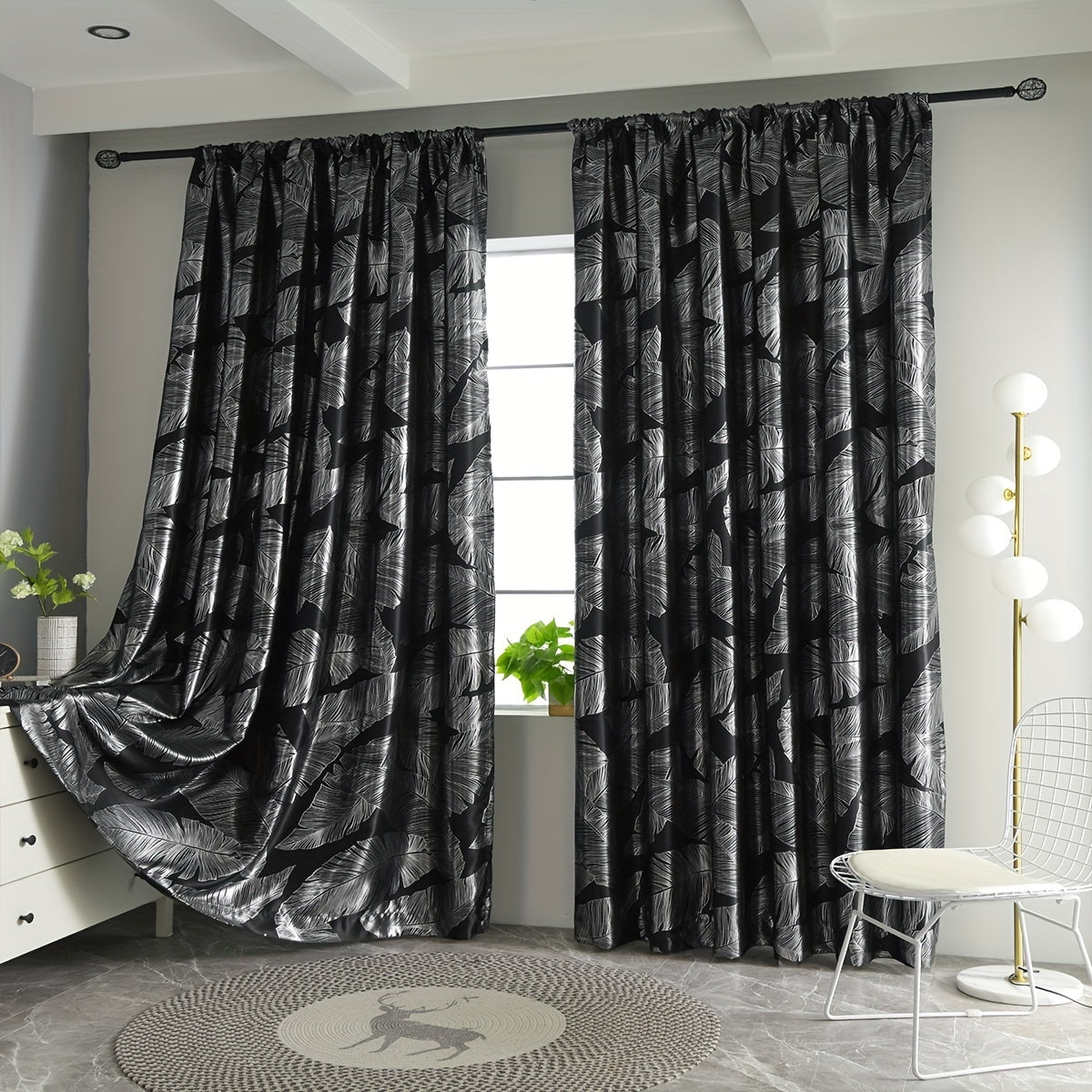 Rideau occultant noir ou gris à motifs feuilles pour salon et chambre