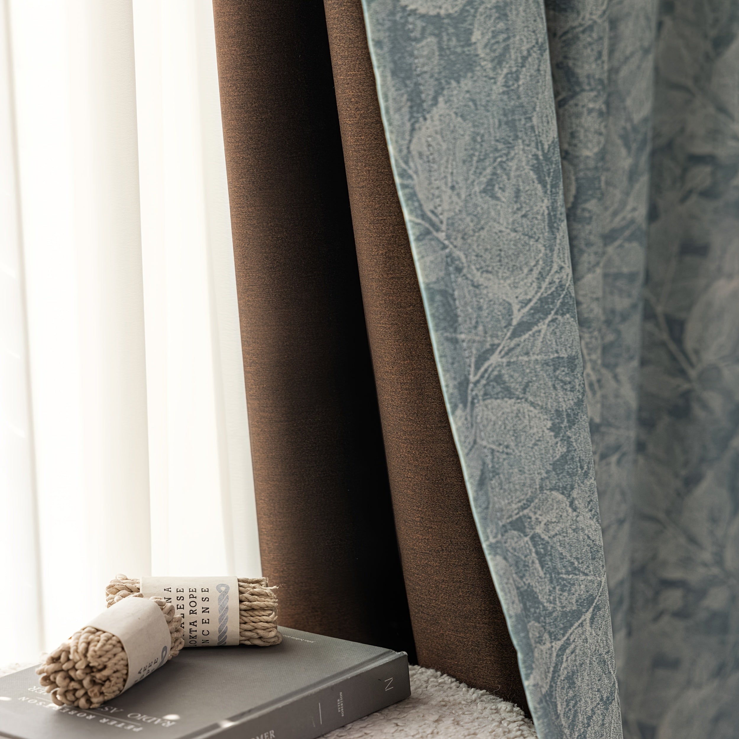 Rideau occultant jacquard chenille motif feuille bleu pour salon et chambre