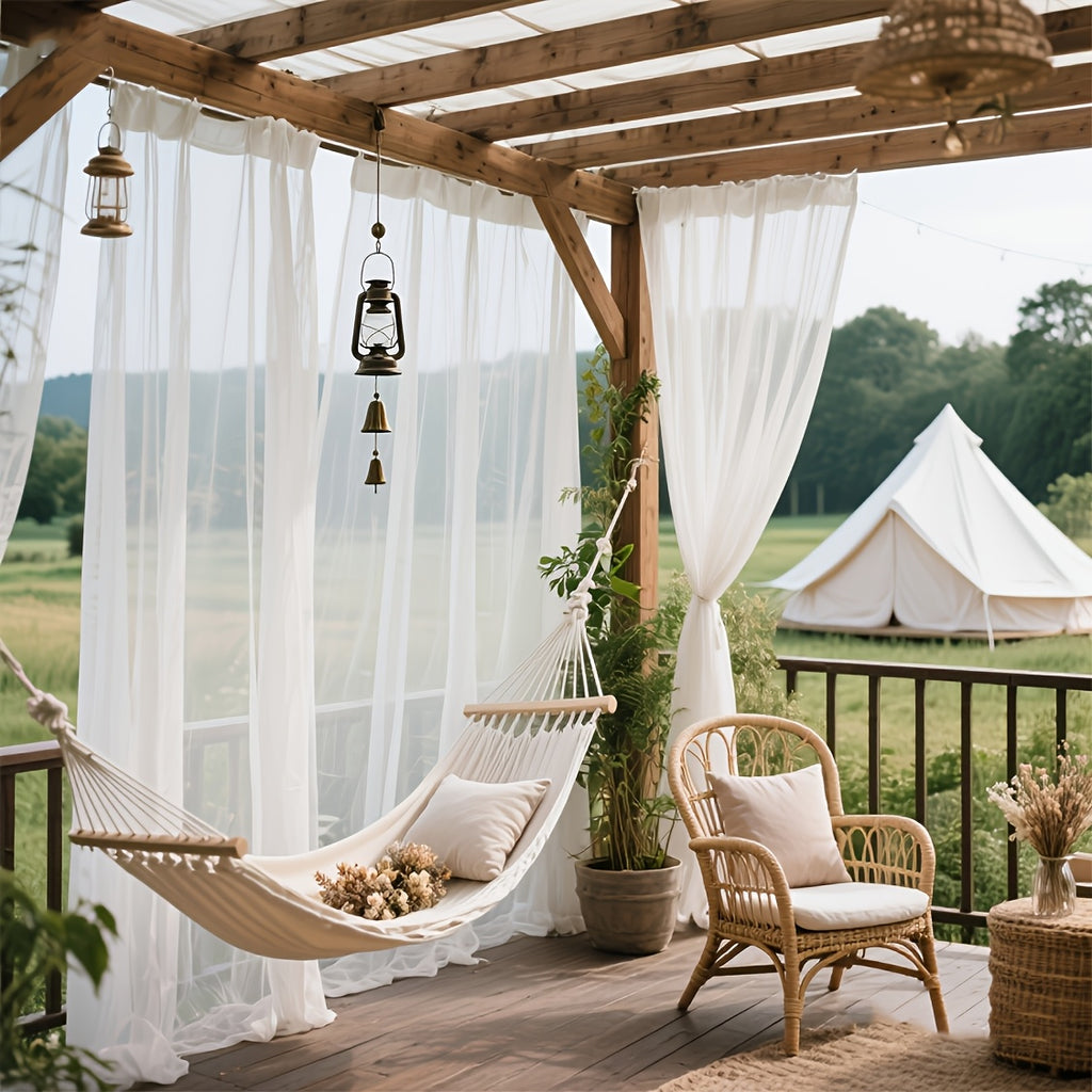 Rideau extérieur voilage blanc pour pergola et terrasse (2 panneaux), largeur 200 à 299 cm