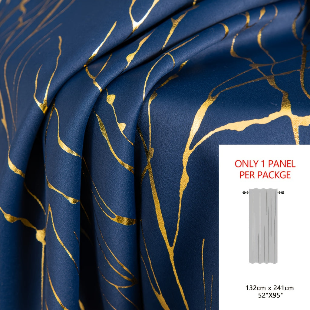 Rideau occultant à motifs branches dorées en polyester, bleu