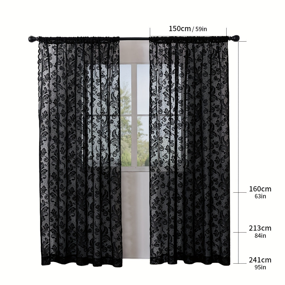 Rideaux voilages romantiques noirs – 2 panneaux à passe-tringle