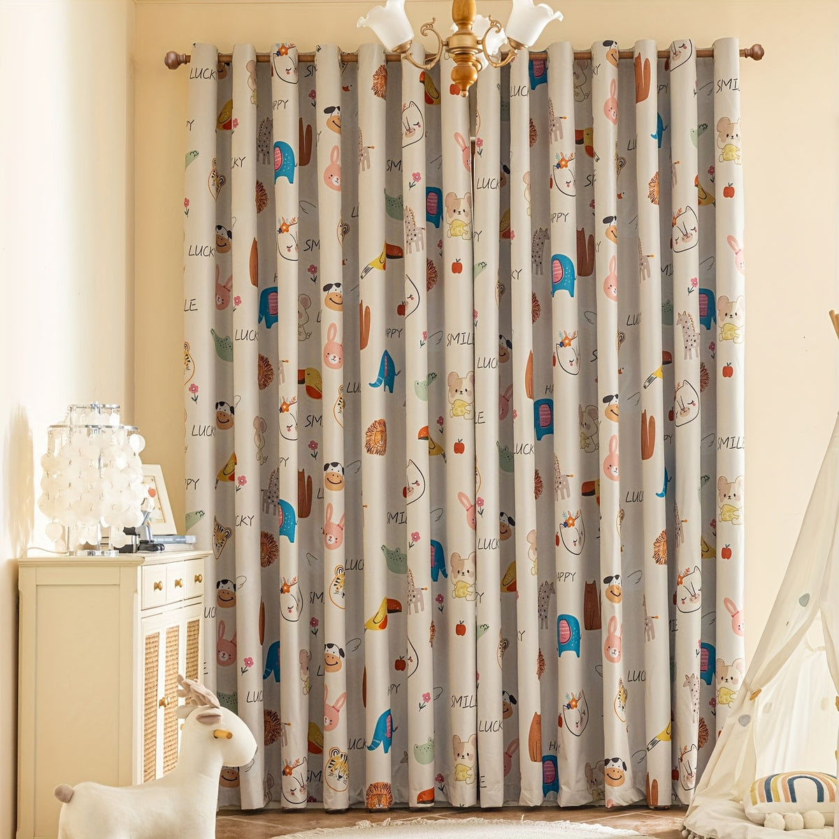 Rideau occultant enfant imprimé animaux en polyester (1 panneau), largeur 100 à 139 cm