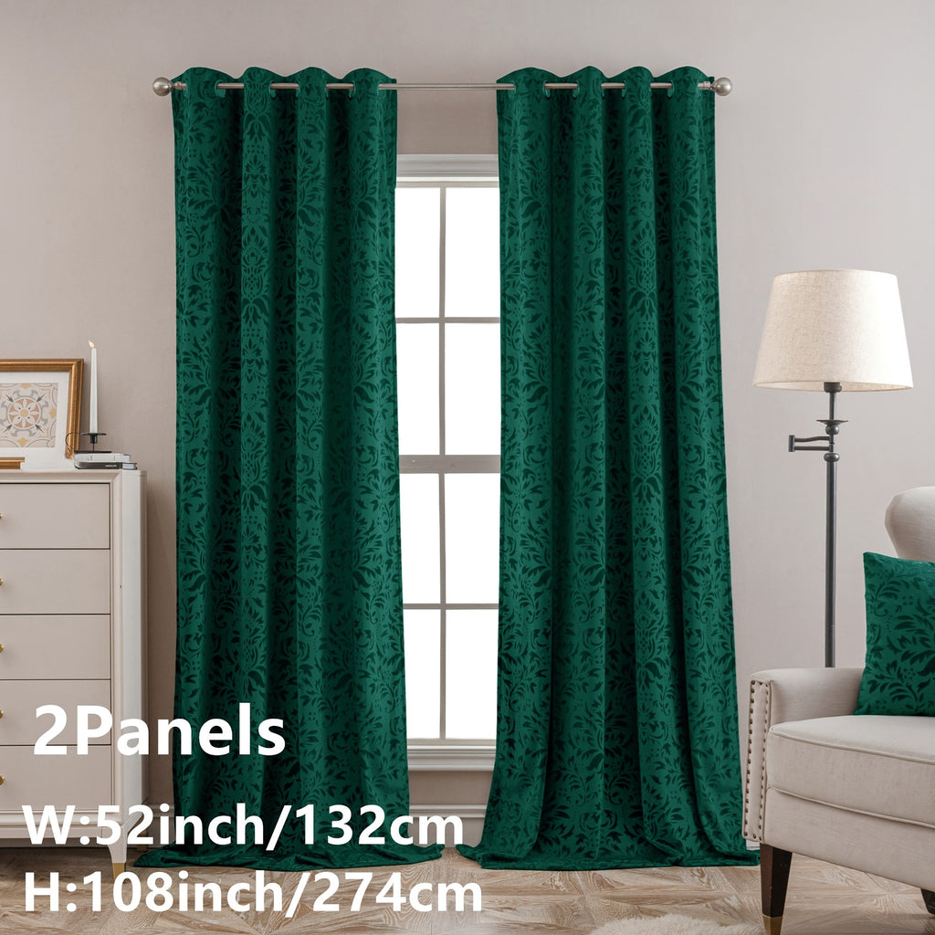 Rideaux velours à motifs floraux européens vert émeraude (2 panneaux), vert foncé