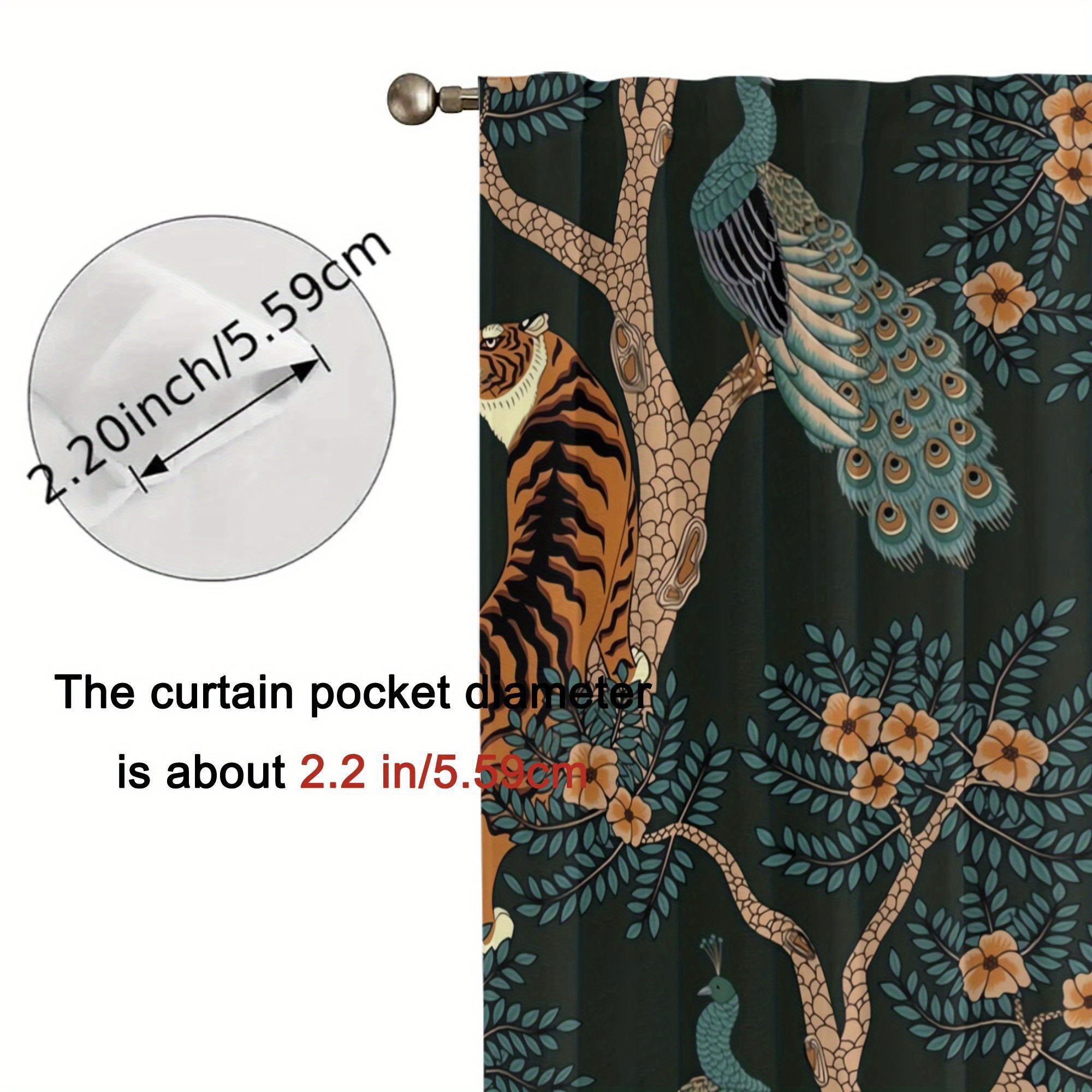 Rideaux occultants jungle vintage tigre et paon en polyester (2 panneaux)