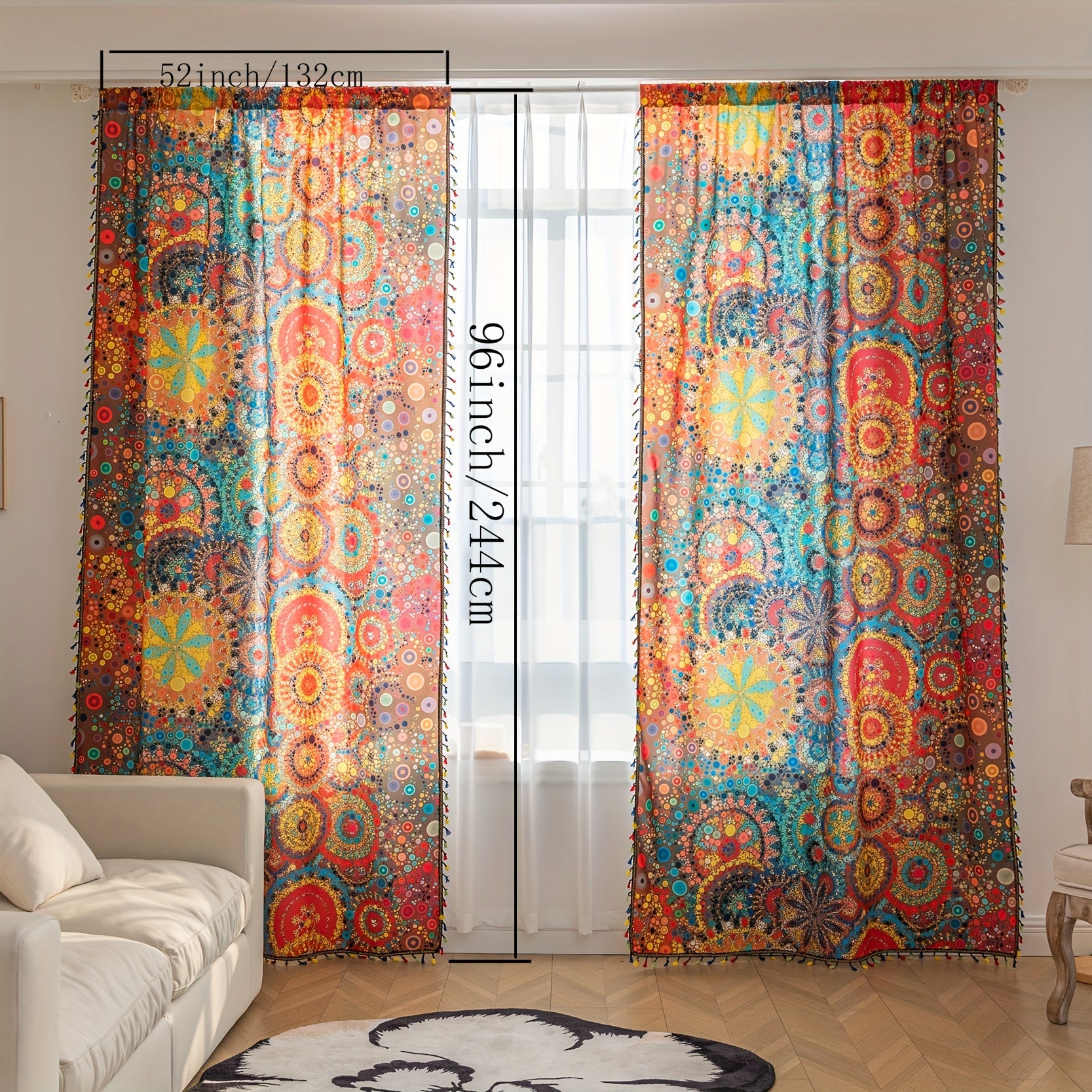 Rideaux bohèmes colorés à motifs mandala et pompons (2 panneaux)