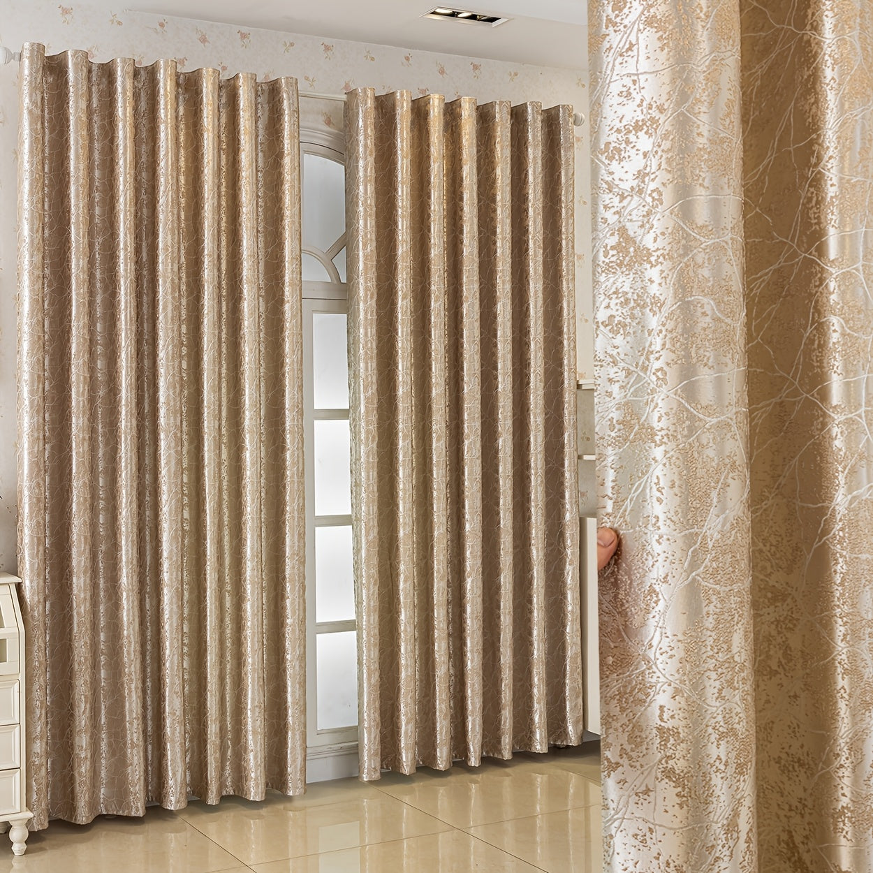 Rideau occultant jacquard doré motif feuilles pour chambre et salon
