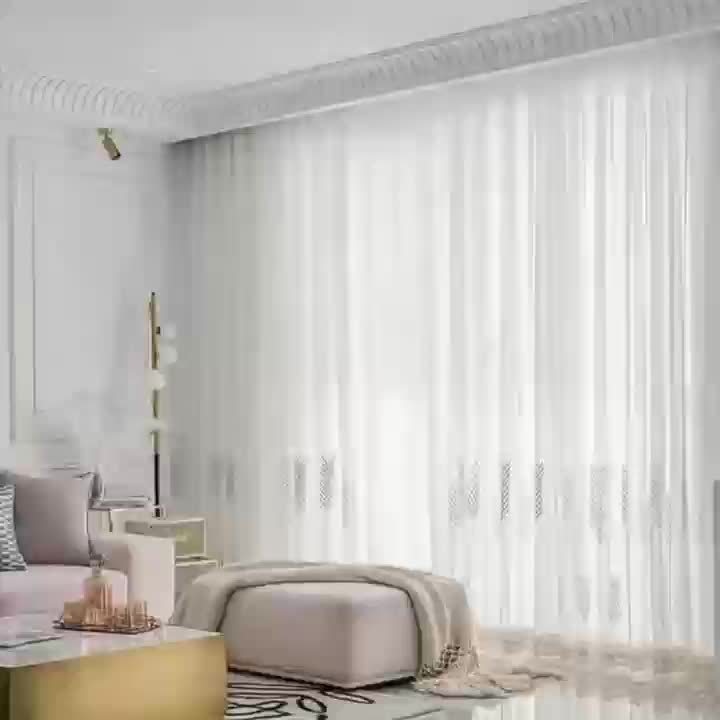 Rideaux voilage blanc motif épis gris et beige style scandinave (2 pan, hauteur 200 à 239 cm