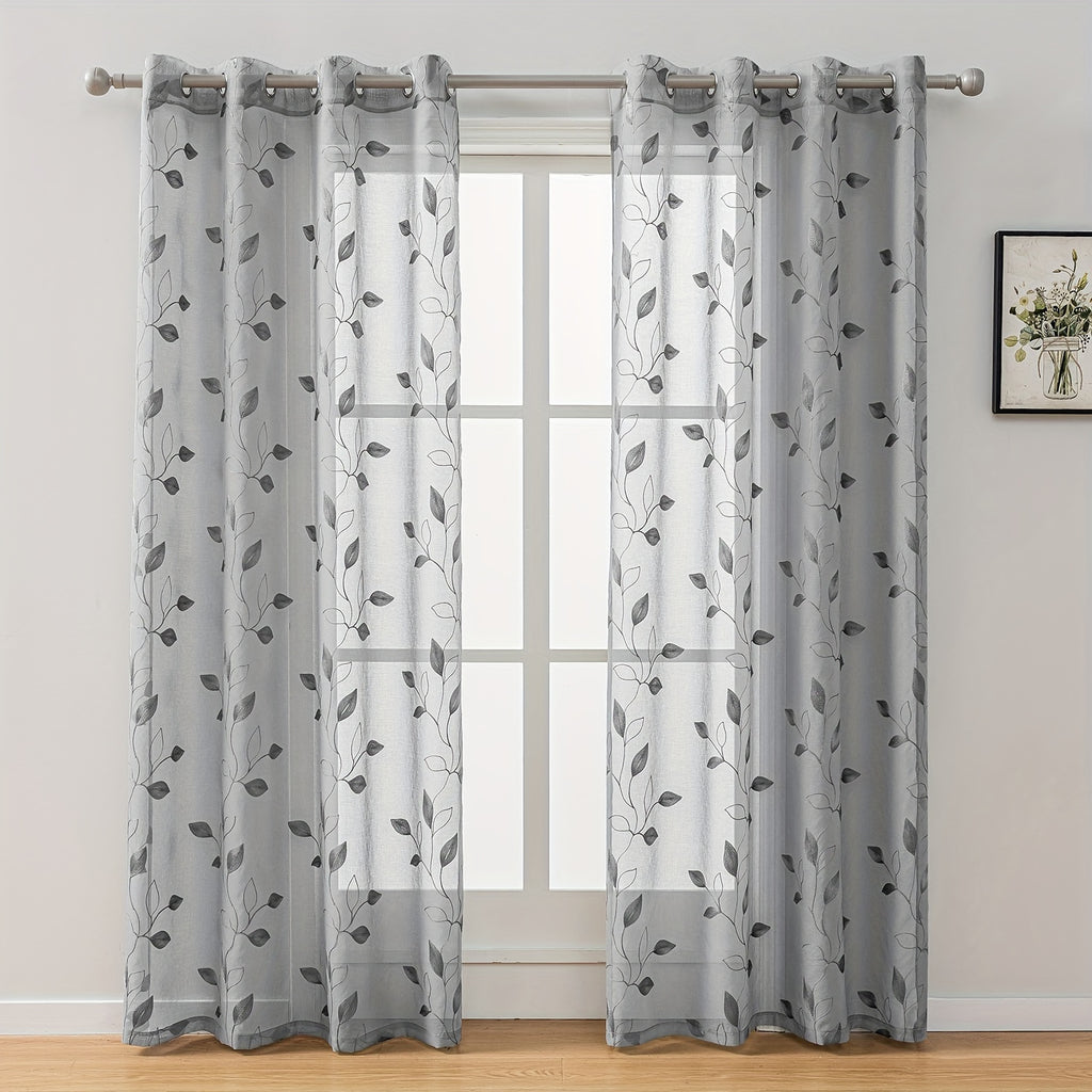 Rideaux voilage brodés motif feuilles avec œillets, gris