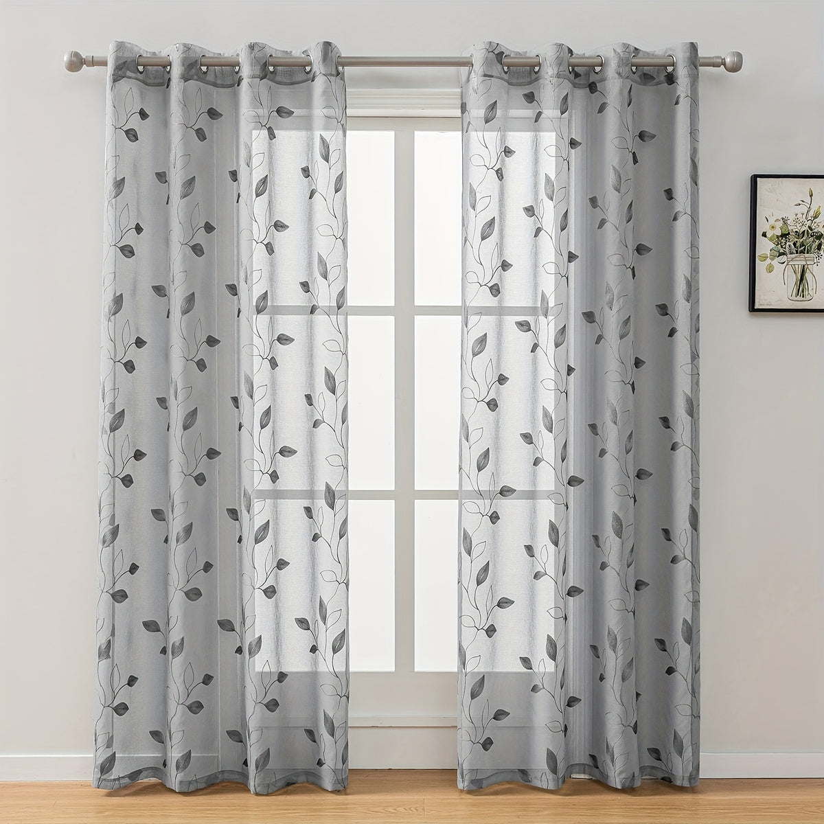 Rideaux voilage brodés motif feuilles avec œillets, gris