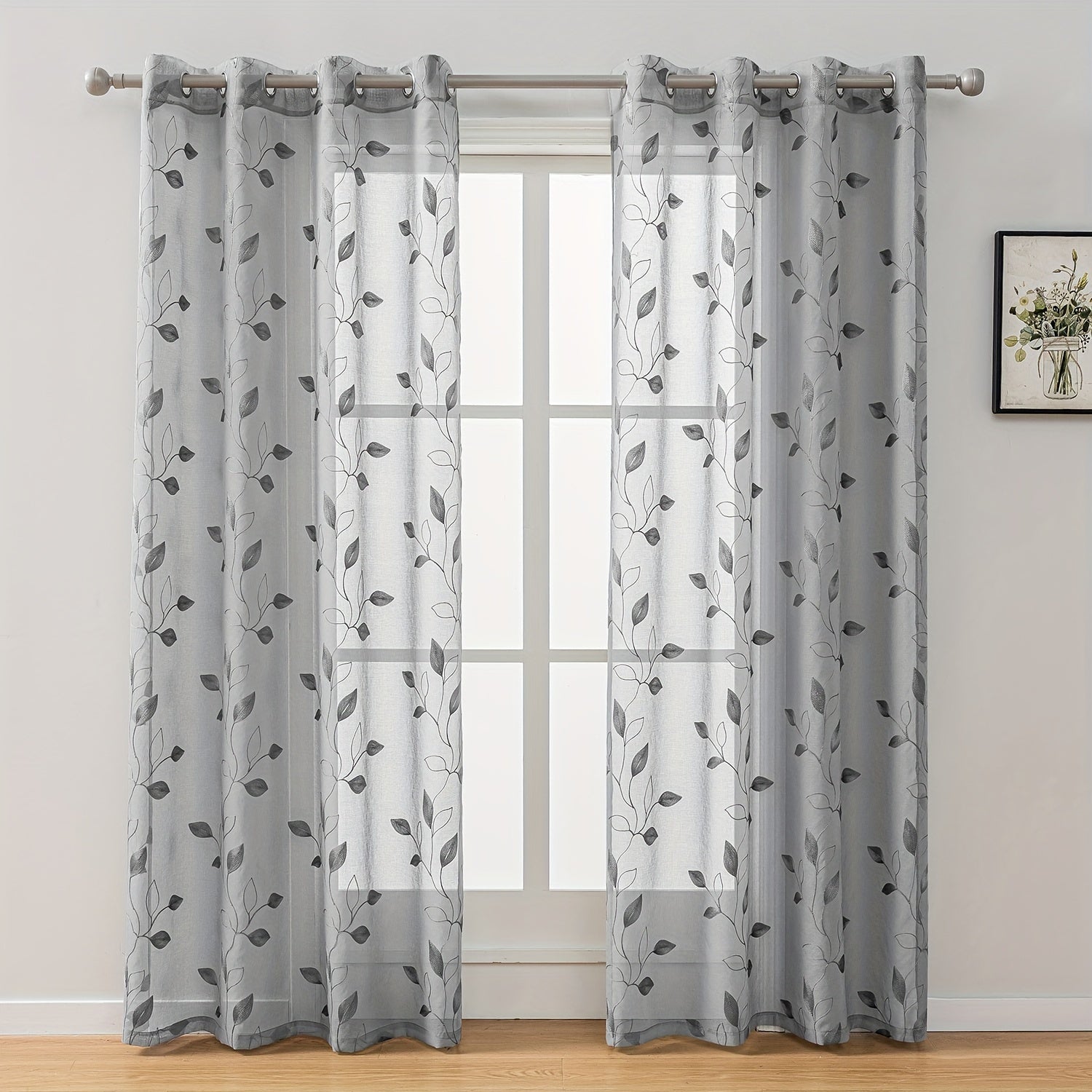 Rideaux voilage brodés motif feuilles avec œillets pour salon et chambre (2 panneaux)