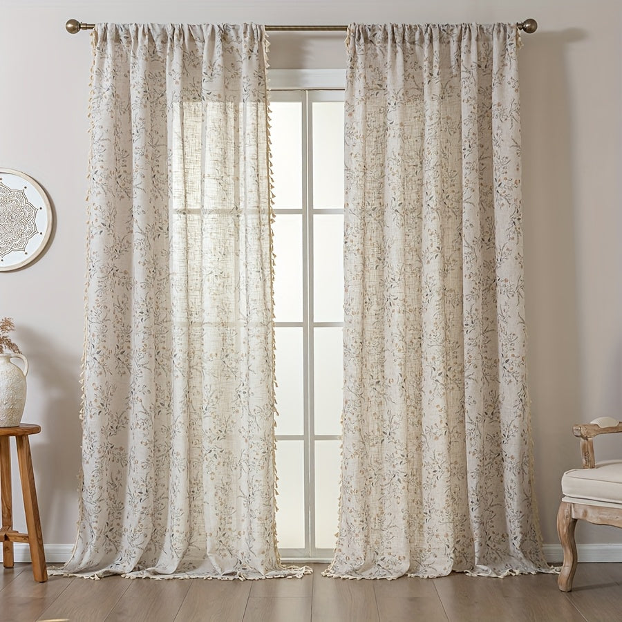 Rideau voilage fleuri style campagne chic avec pompons beige, hauteur 160 à 199 cm