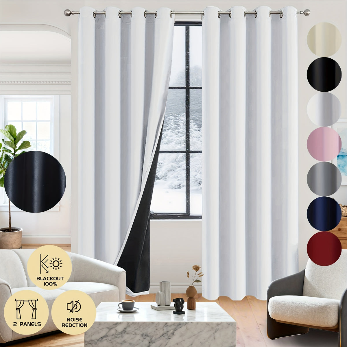 Rideaux occultants 100% blackout en polyester thermique (2 panneaux), largeur moins de 100 cm
