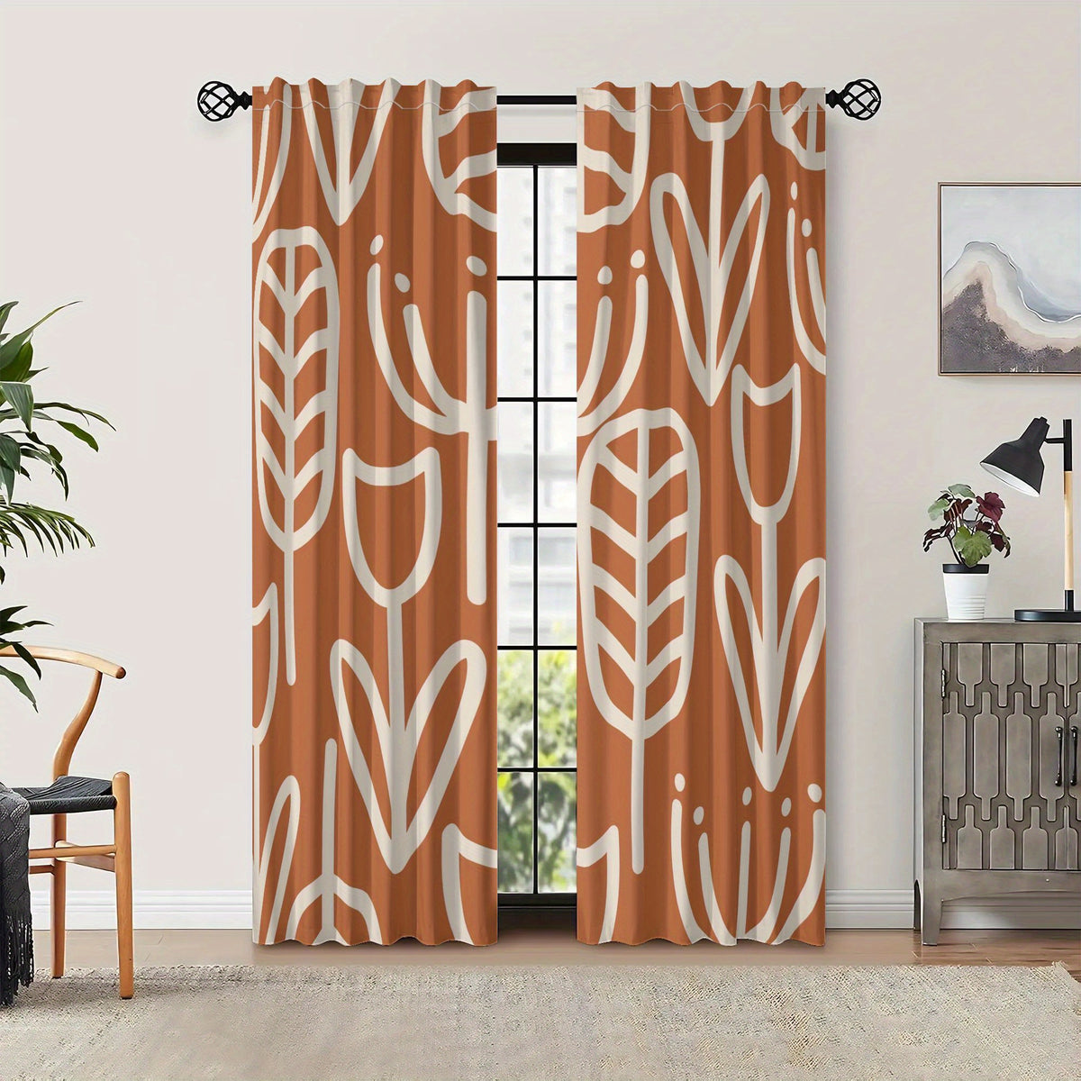 Rideaux occultants terracotta et beige motif botanique en polyester (2, largeur moins de 100 cm