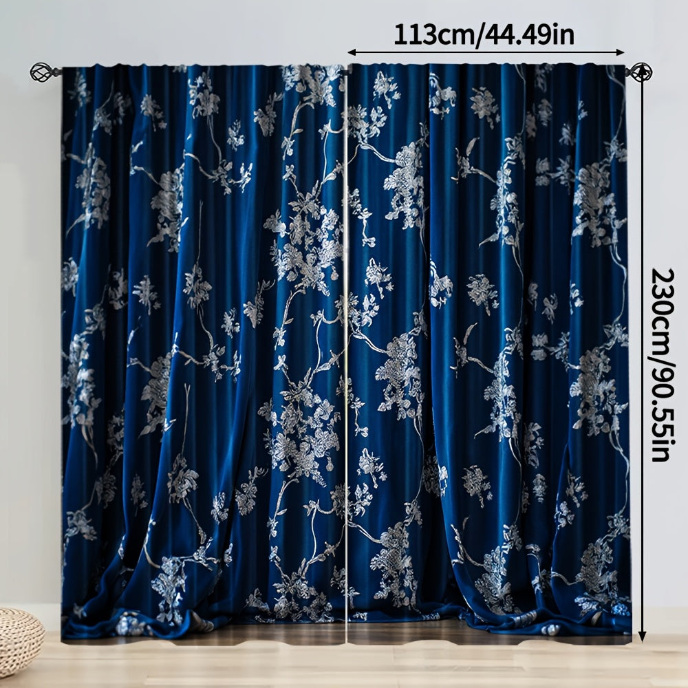 Rideaux tamisants bleu nuit à motifs floraux en polyester (2 panneaux)