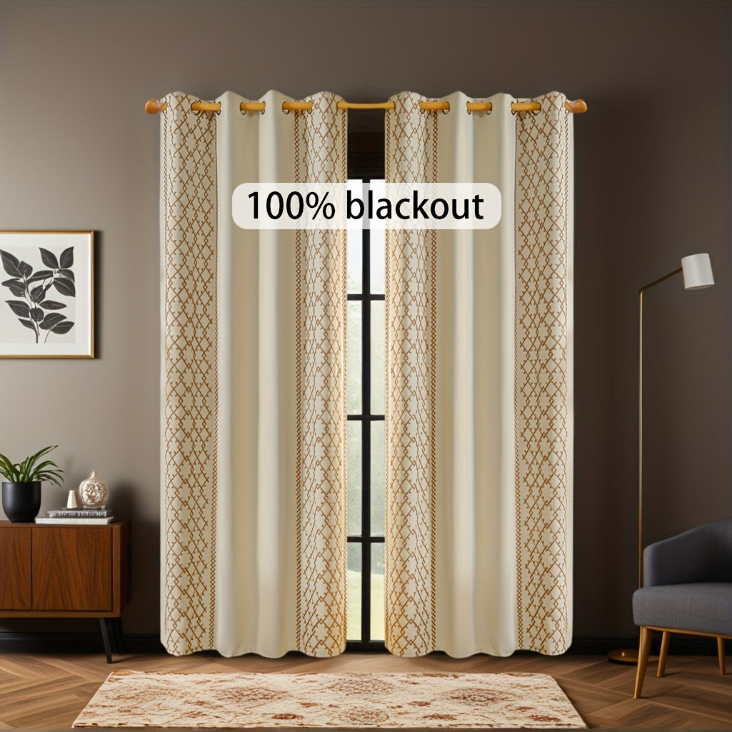 Rideaux occultants brodés beige en polyester style bohème (2 panneaux)
