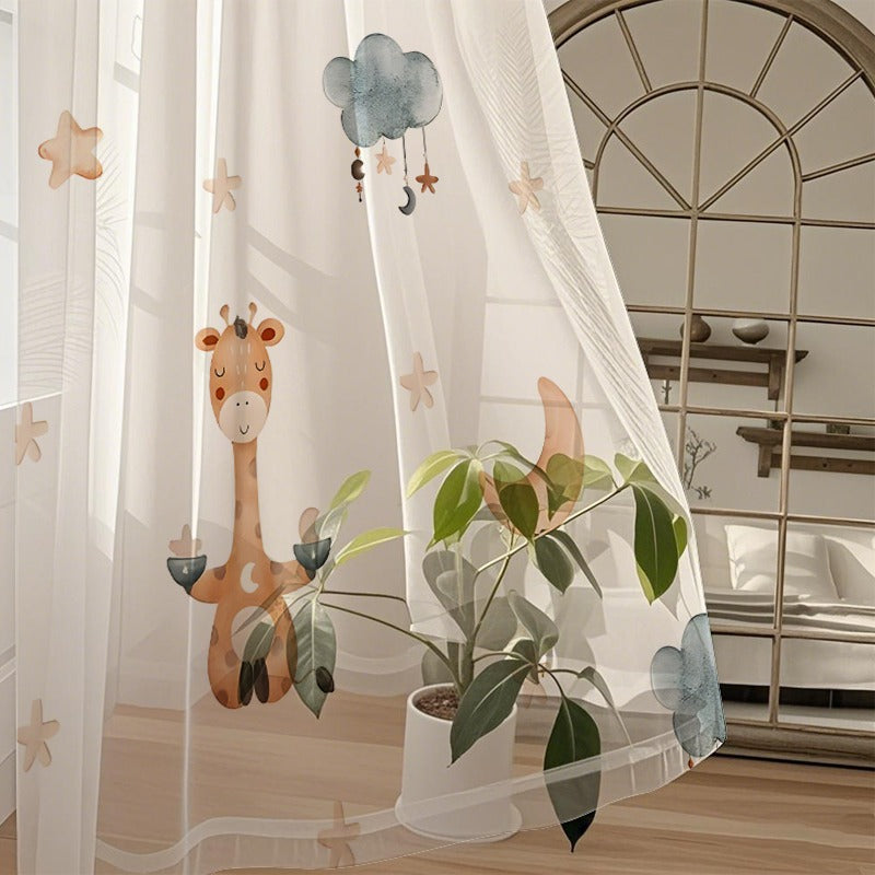 Rideaux semi-transparents enfant motif girafe et étoiles (2 panneaux)