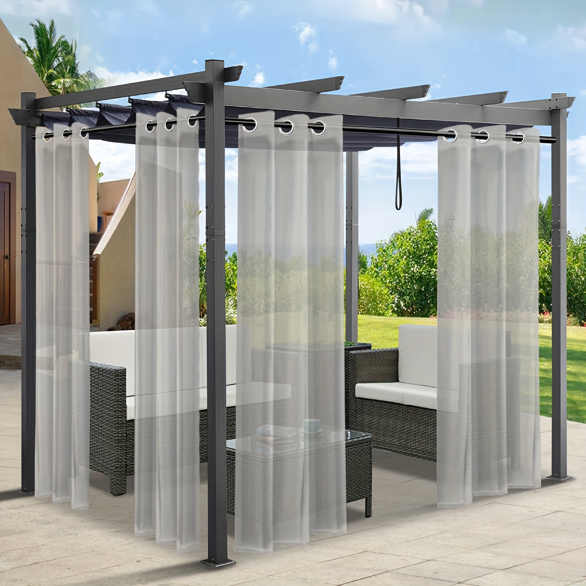 Rideaux voilage extérieur effet lin à œillets pour pergola (2 panneaux)