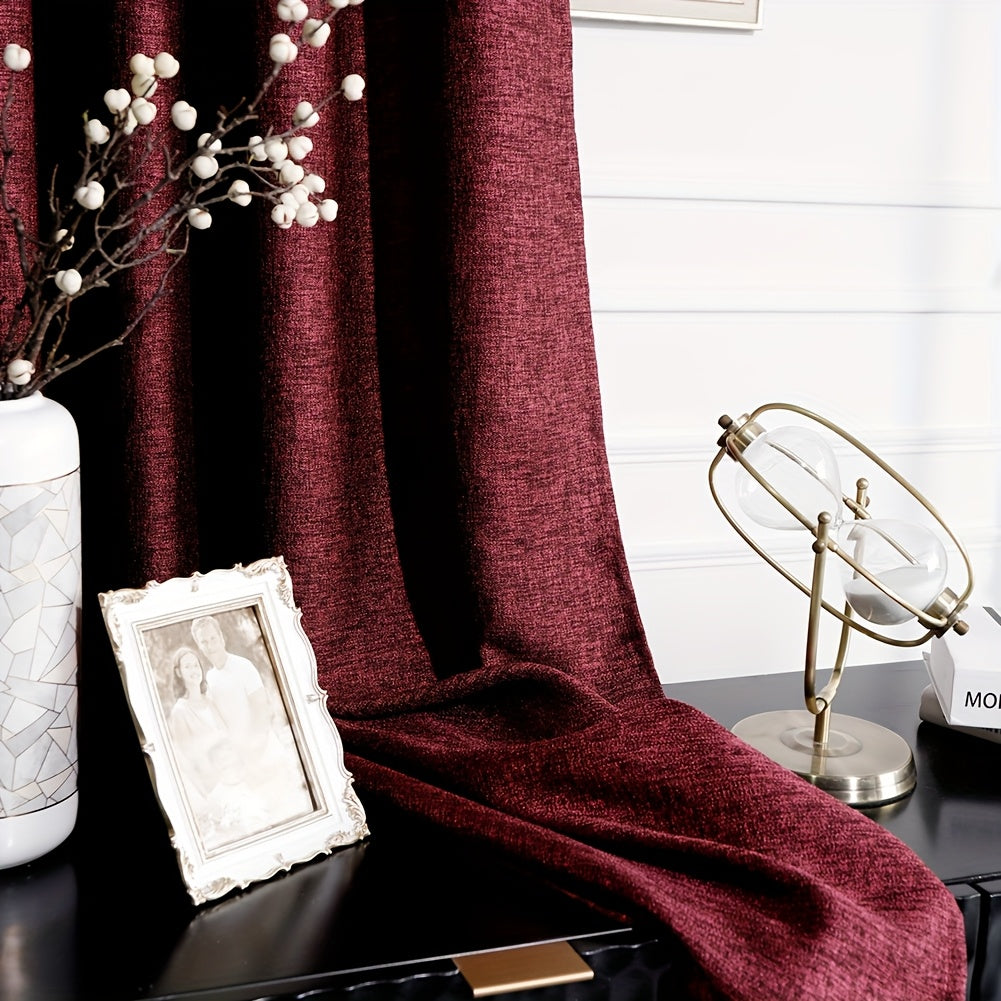 Rideaux rouge bordeaux effet lin à œillets en polyester (2 panneaux)