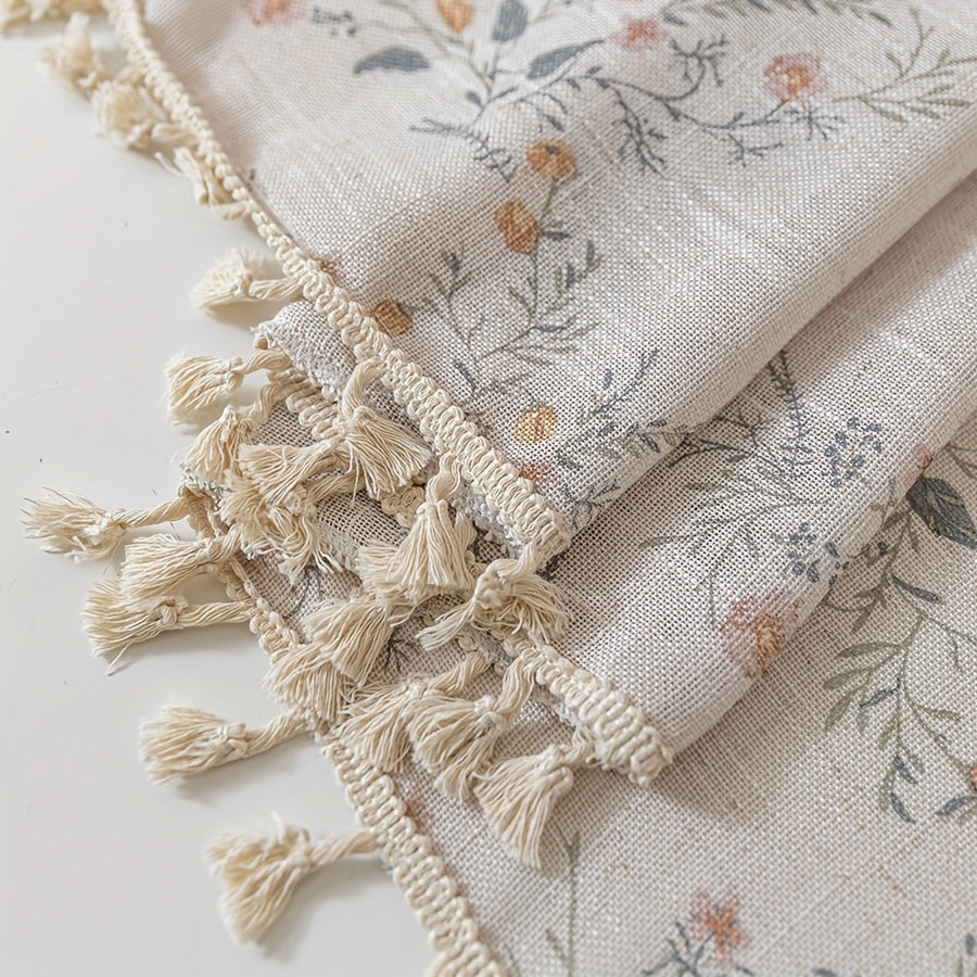 Rideau voilage fleuri style campagne chic avec pompons beige, largeur 140 à 199 cm