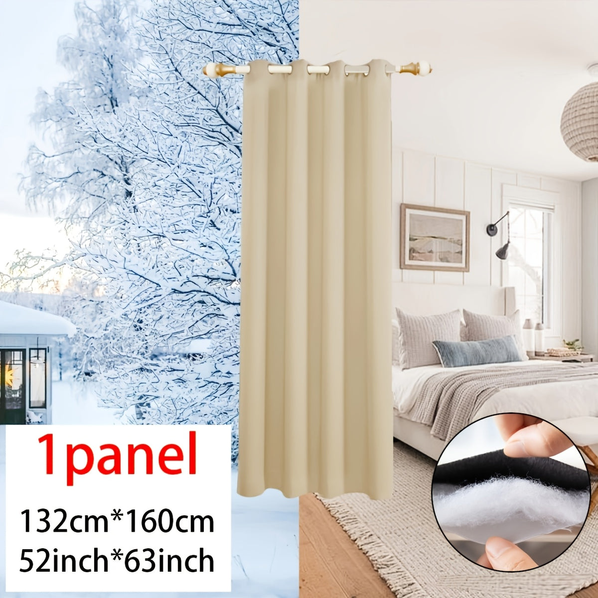 Rideau thermique occultant épais hiver coupe-vent à œillets, beige