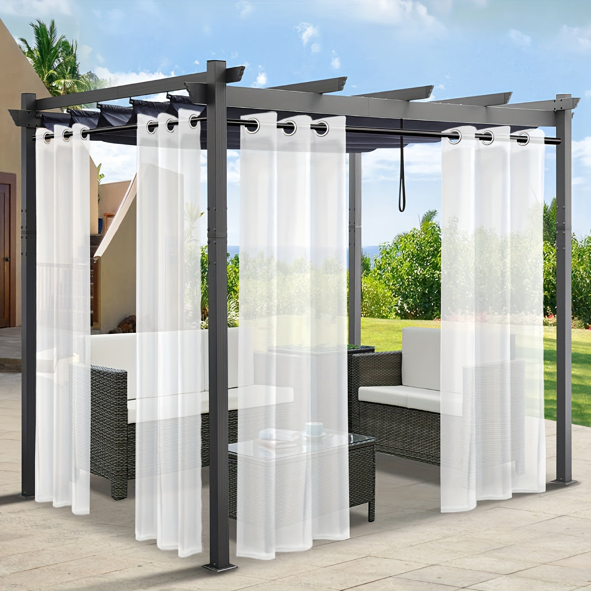 Rideaux voilage extérieur effet lin à œillets pour pergola (2 panneaux)