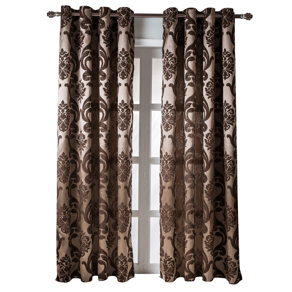 Rideaux occultants jacquard fleuris rétro à œillets (2 panneaux), brun