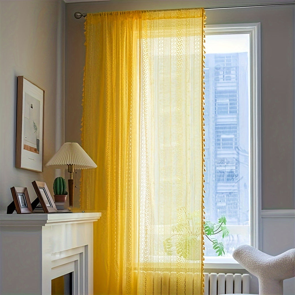 Rideau tamisant jaune en coton et nylon style bohème, largeur 140 à 199 cm