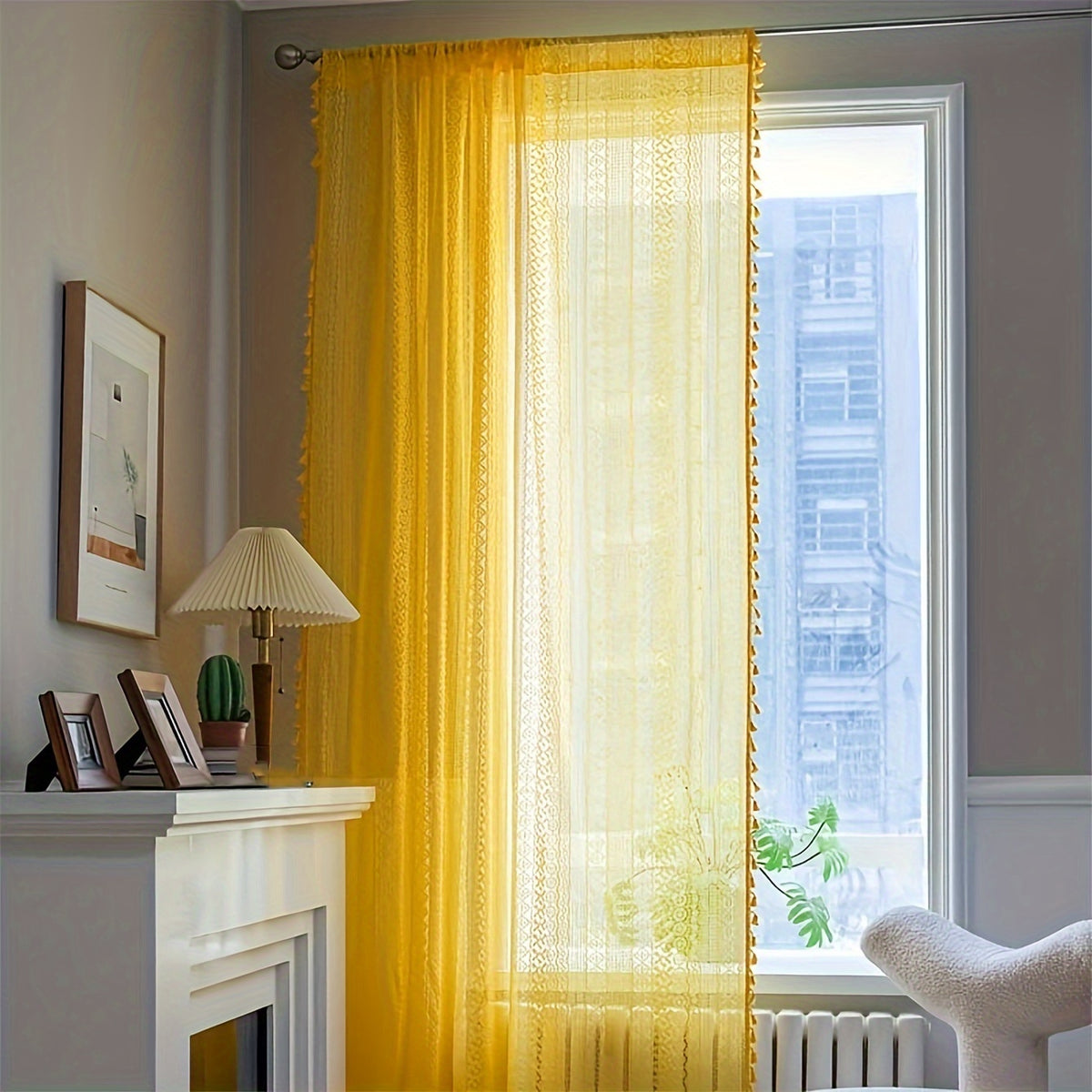 Rideau tamisant jaune en coton et nylon style bohème, largeur 140 à 199 cm