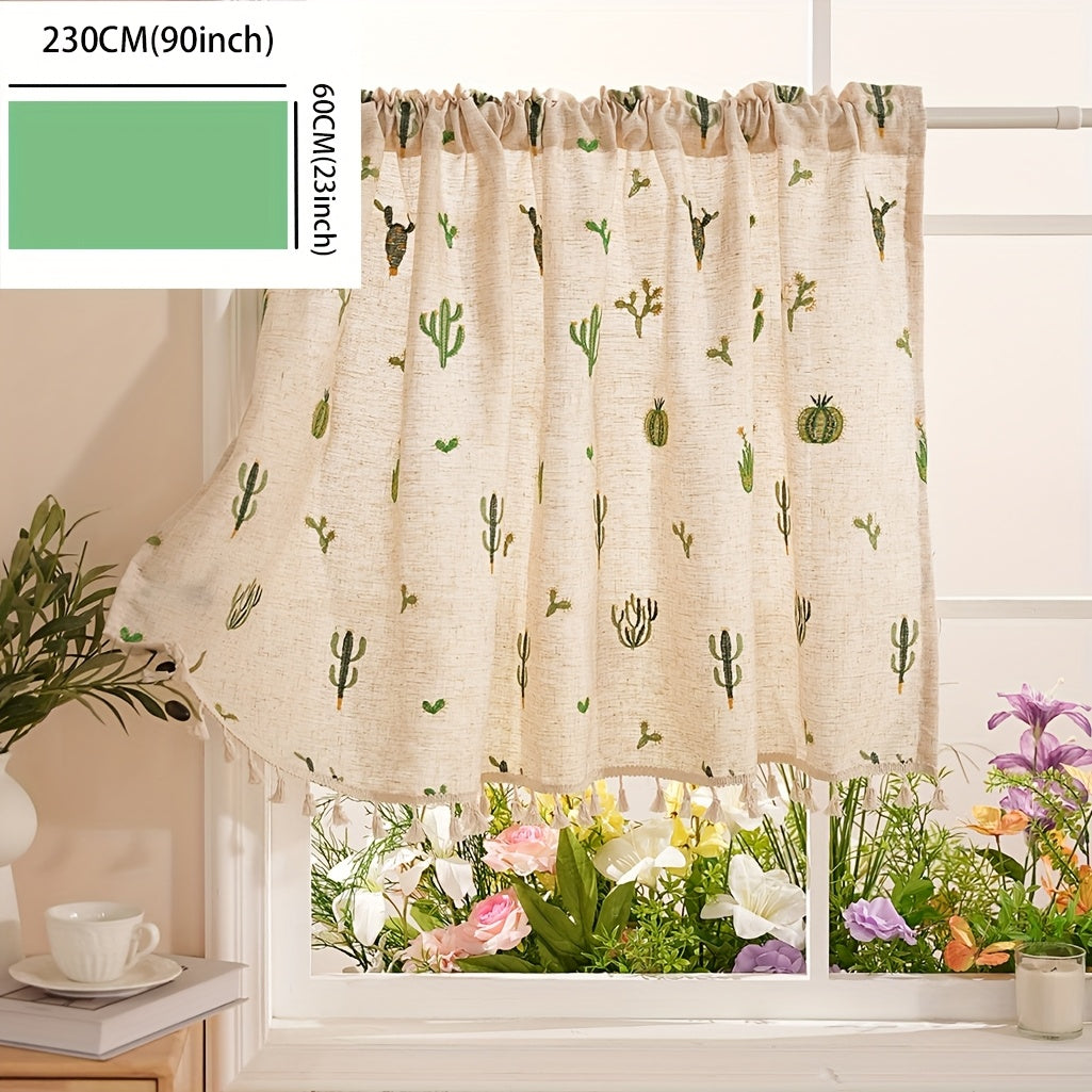 Rideau café brodé cactus en polyester style campagne pour petite fenêtre