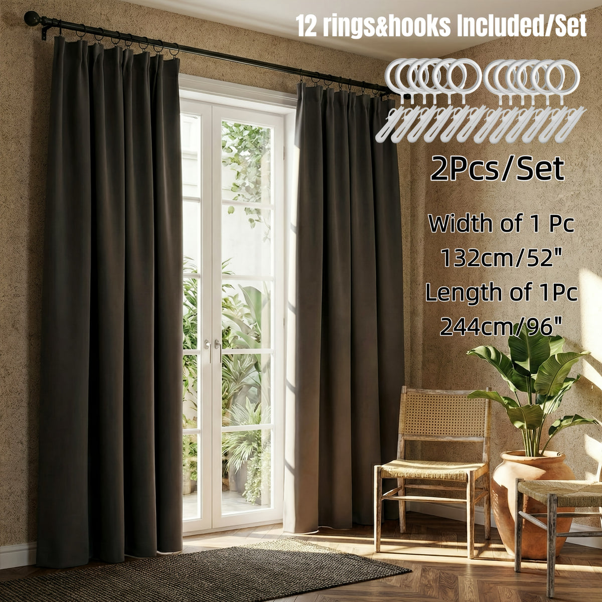 Rideaux occultants unis thermiques en polyester haute précision (2 pan, gris