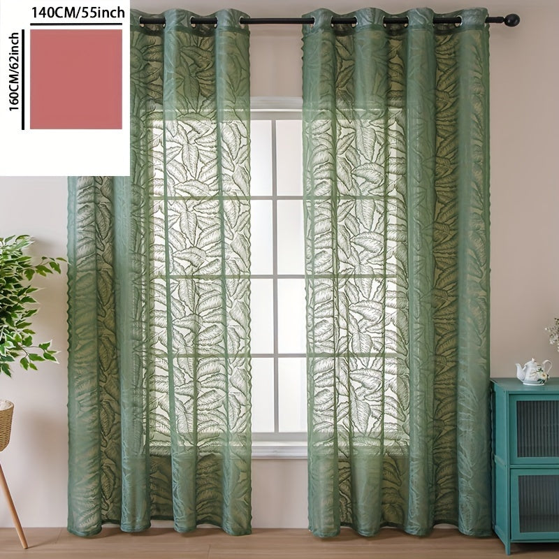 Rideau voilage vert à motifs feuilles ajouré avec œillets