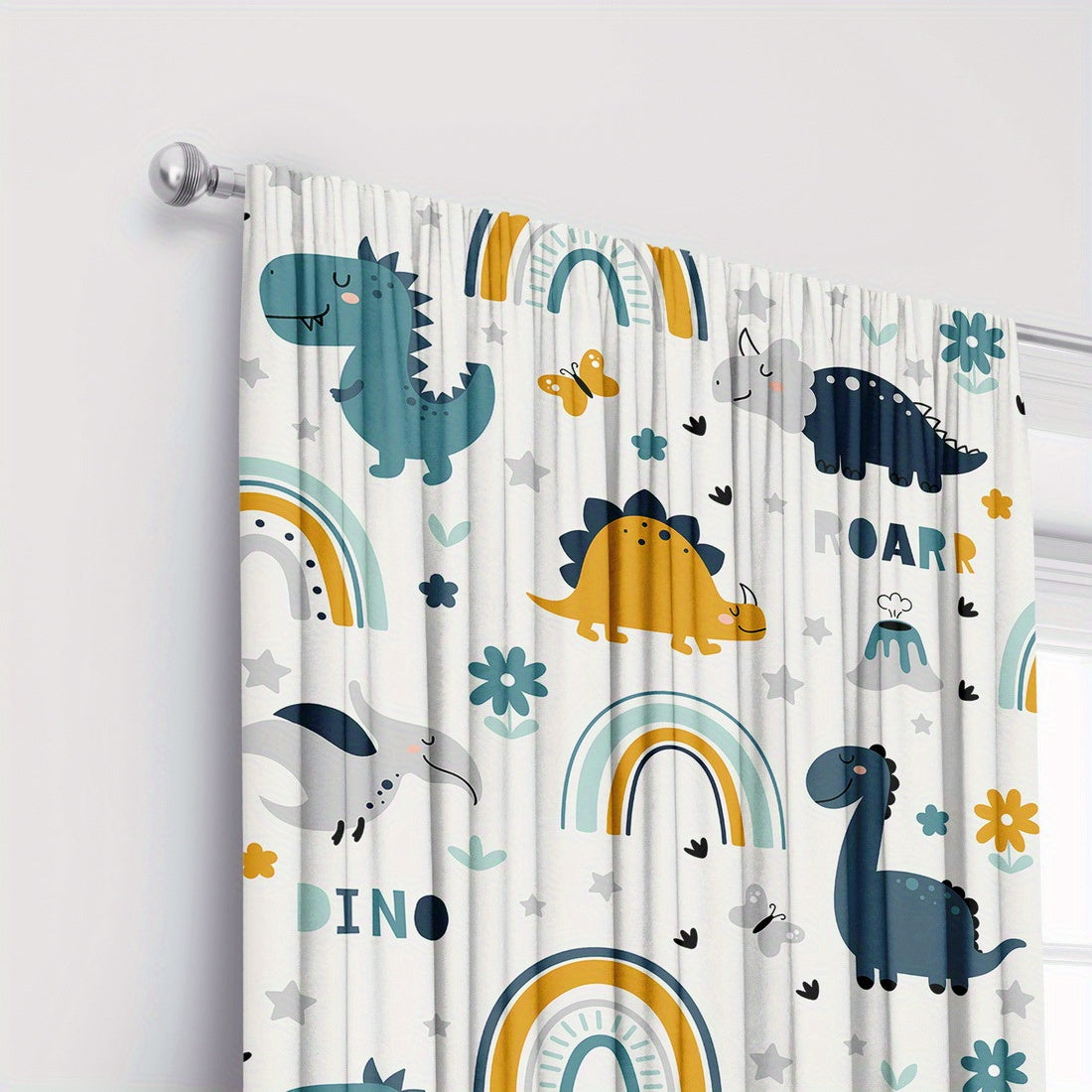 Rideau tamisant enfant à imprimé dinosaures en polyester (2 panneaux)