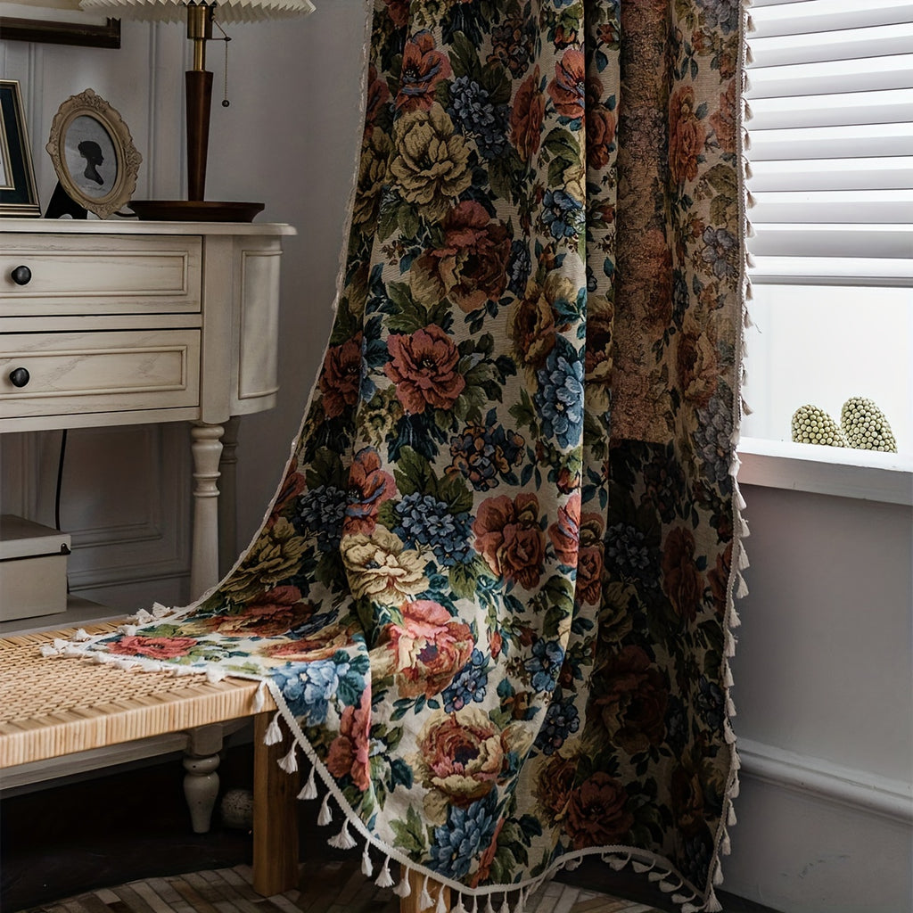 Rideau jacquard fleuri style campagne tamisant, hauteur 240 à 269 cm