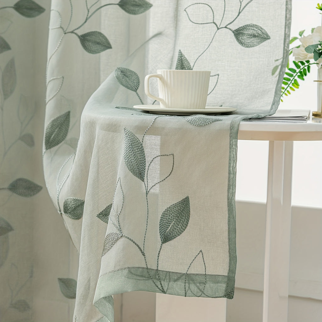 Rideaux voilage brodés motif feuilles avec œillets, hauteur 160 à 199 cm