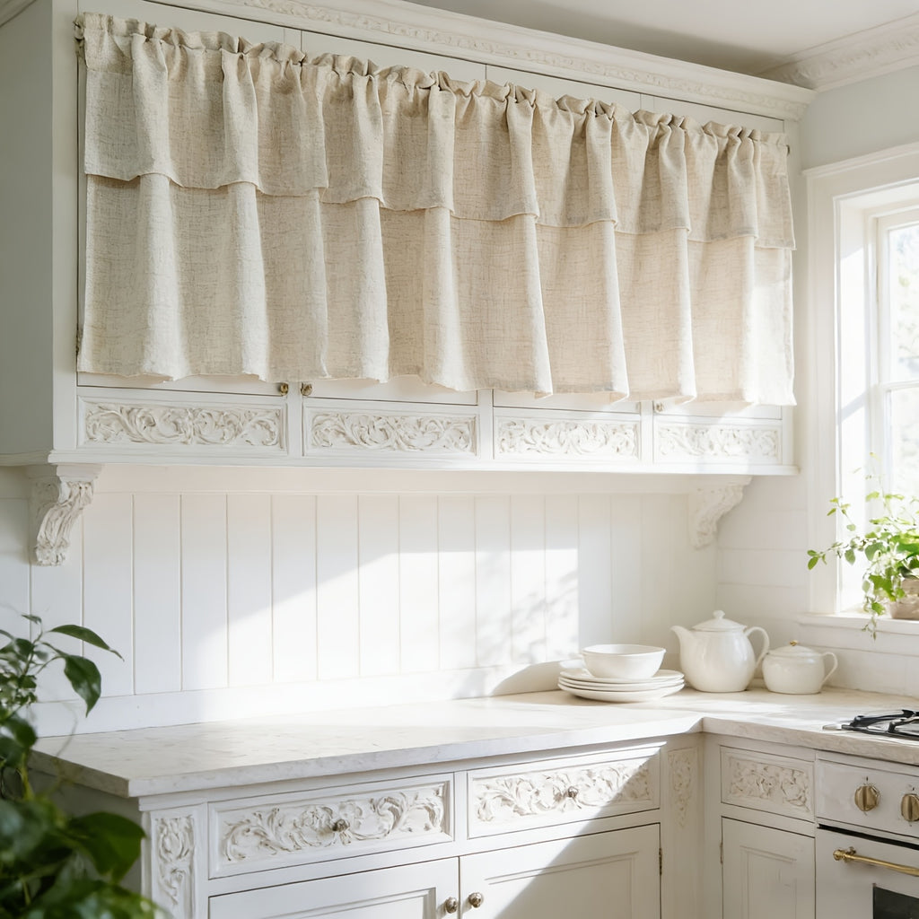 Rideau brise-bise beige bohème tamisant en polyester, hauteur moins de 160 cm