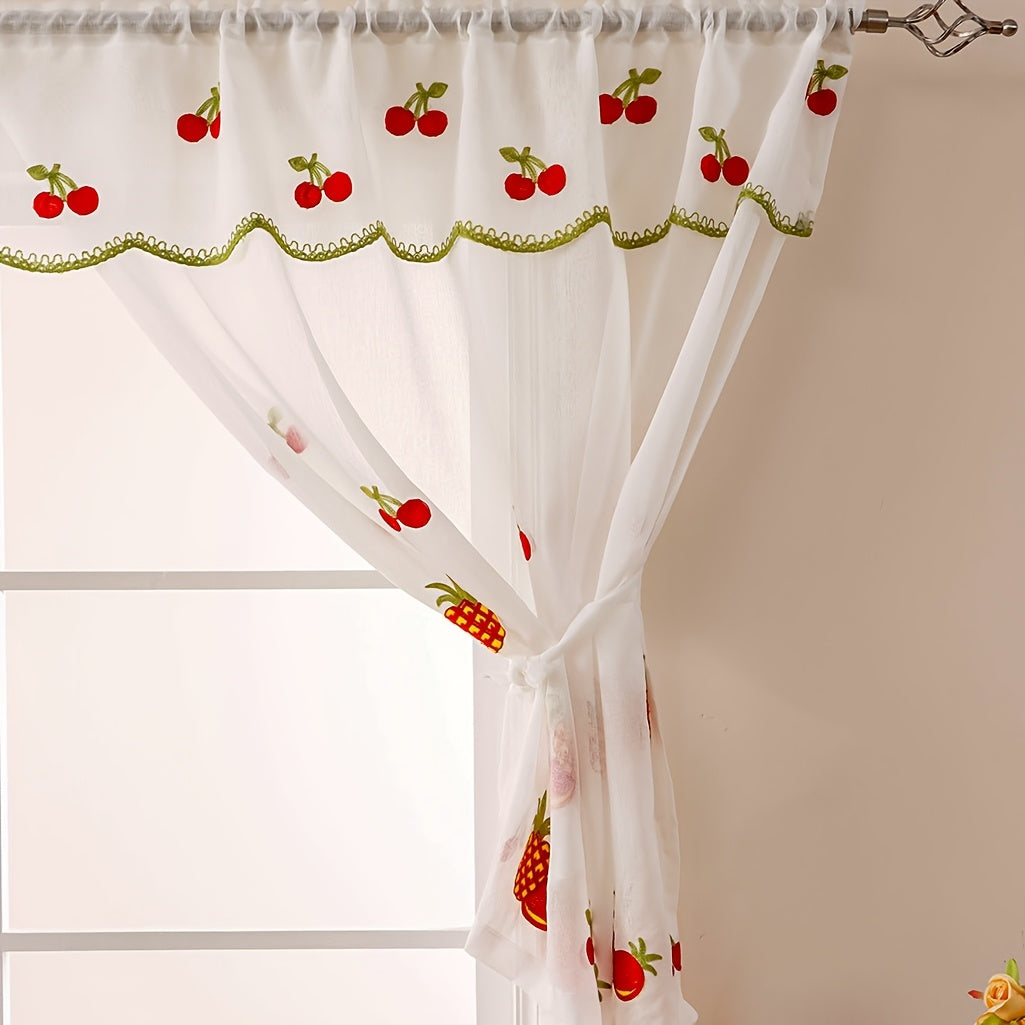 Rideaux cuisine brodés fruits double épaisseur en polyester (2 panneaux)