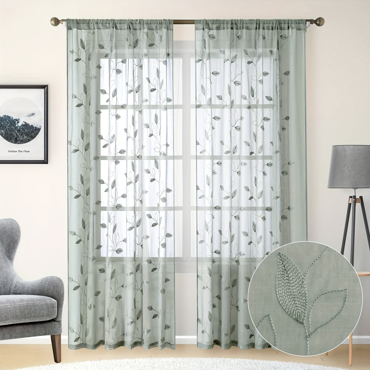 Rideaux voilage brodés motif feuilles style jardin, vert