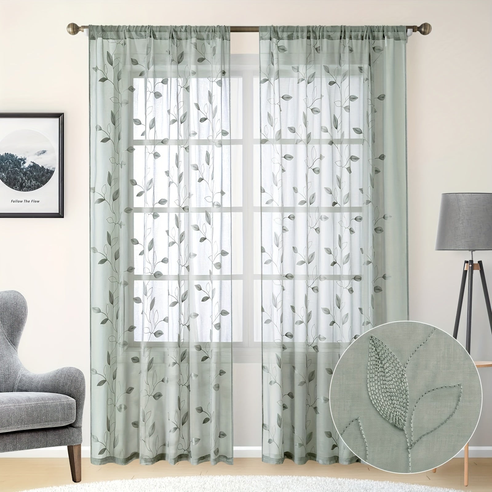 Rideaux voilage brodés motif feuilles style jardin pour salon et chambre (2 panneaux)