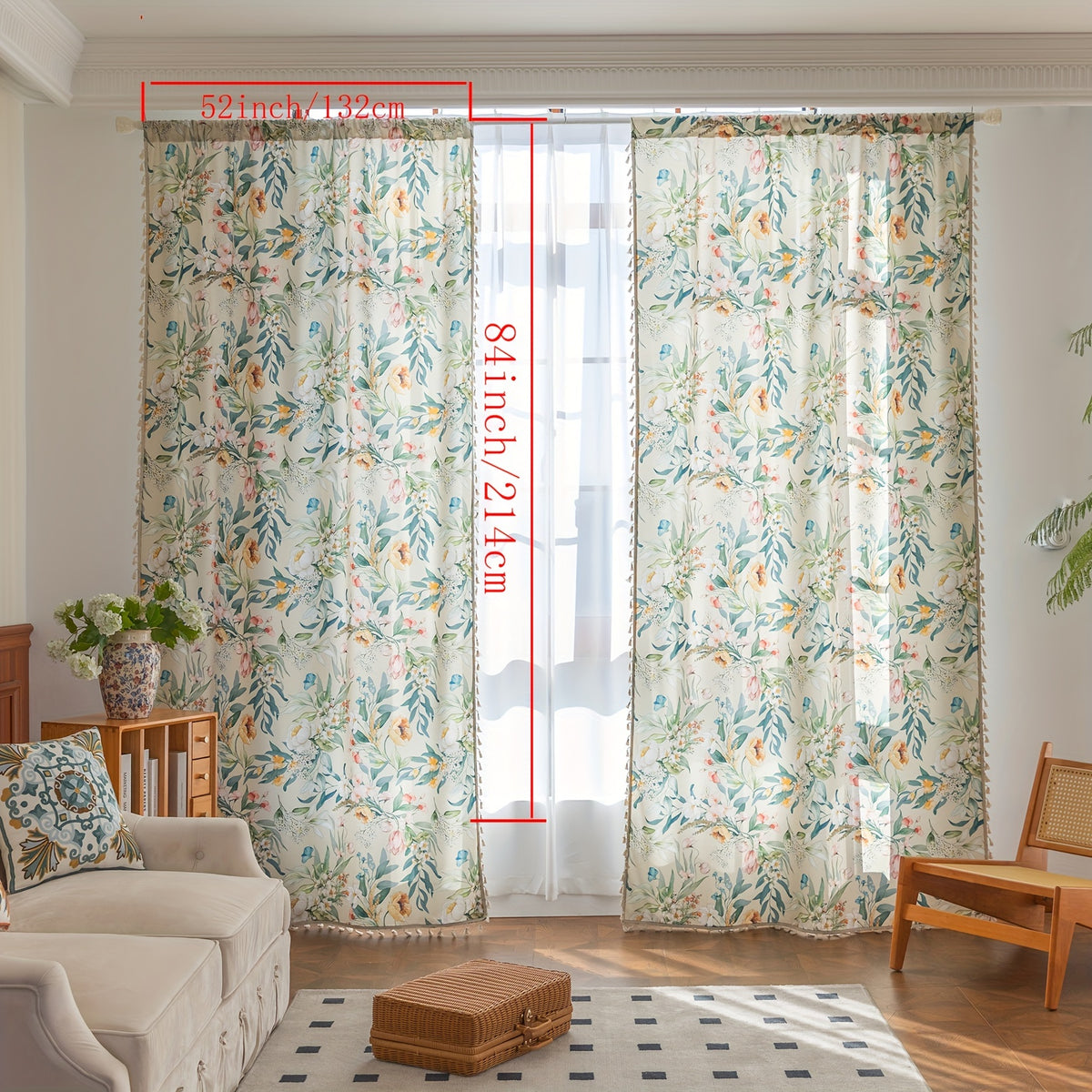 Rideaux bohème fleuris multicolores avec pompons, hauteur 200 à 239 cm
