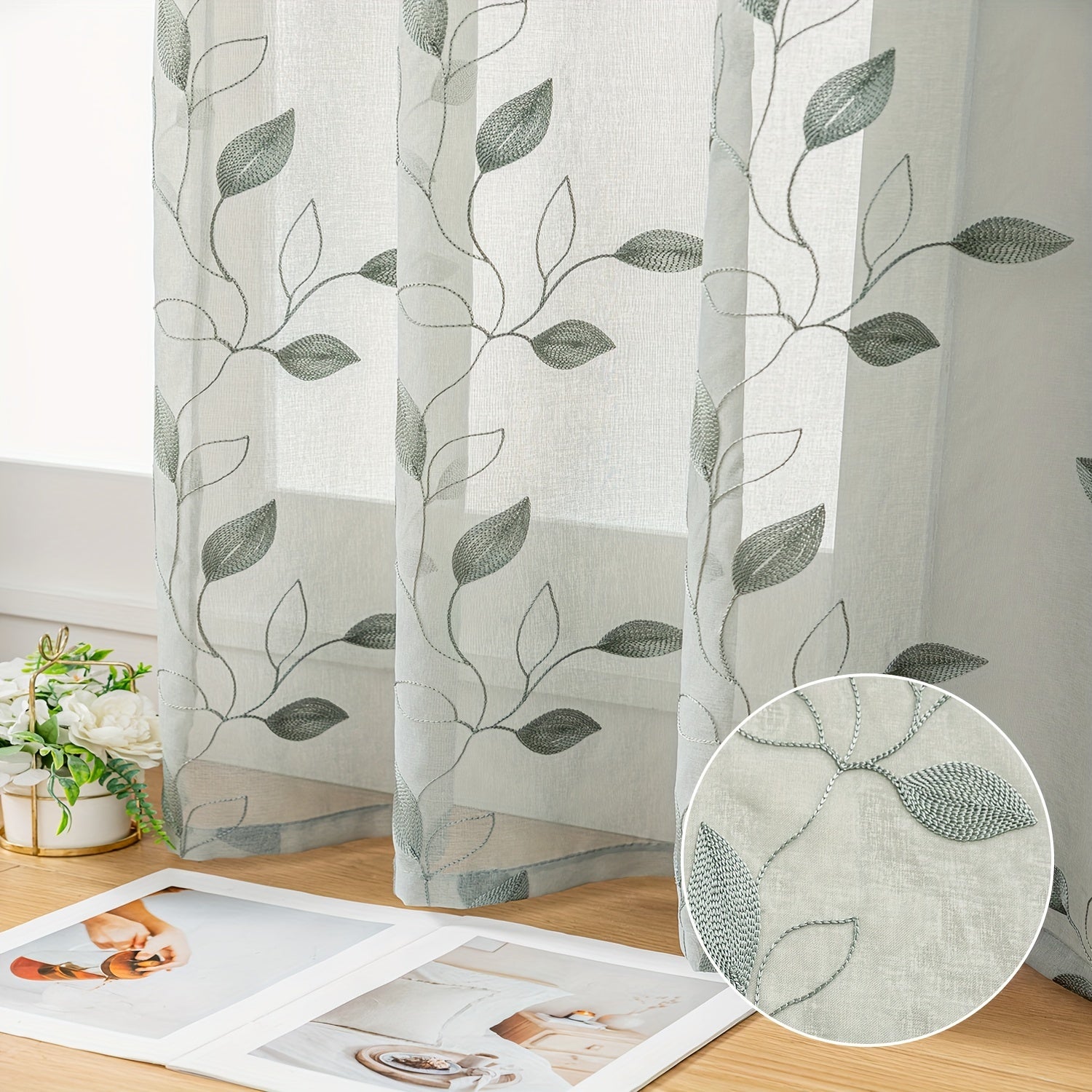 Rideaux voilage brodés motif feuilles avec œillets pour salon et chambre (2 panneaux)
