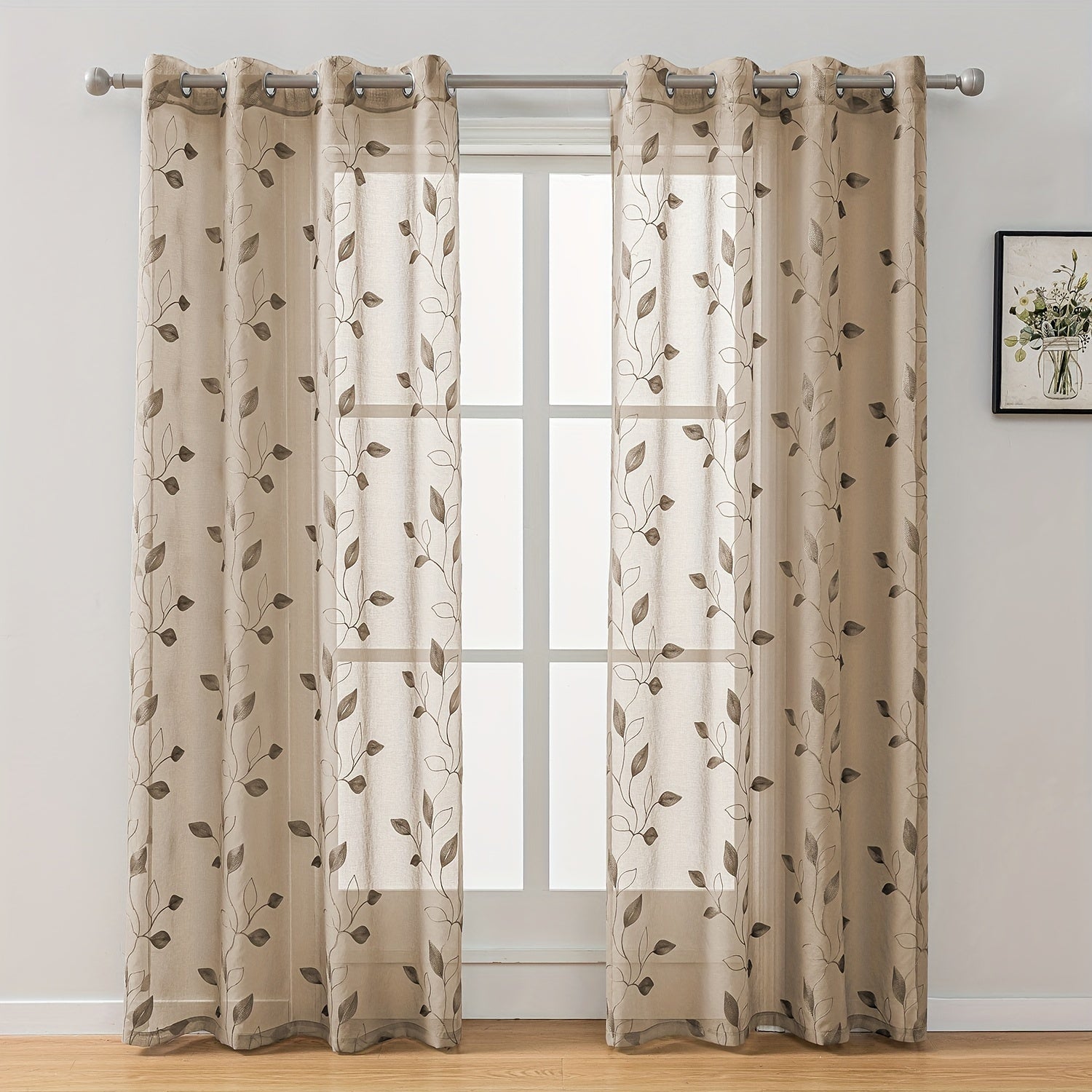 Rideaux voilage brodés motif feuilles avec œillets pour salon et chambre (2 panneaux)