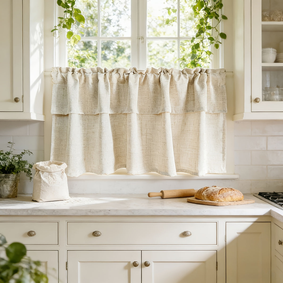 Rideau brise-bise beige bohème tamisant en polyester, beige