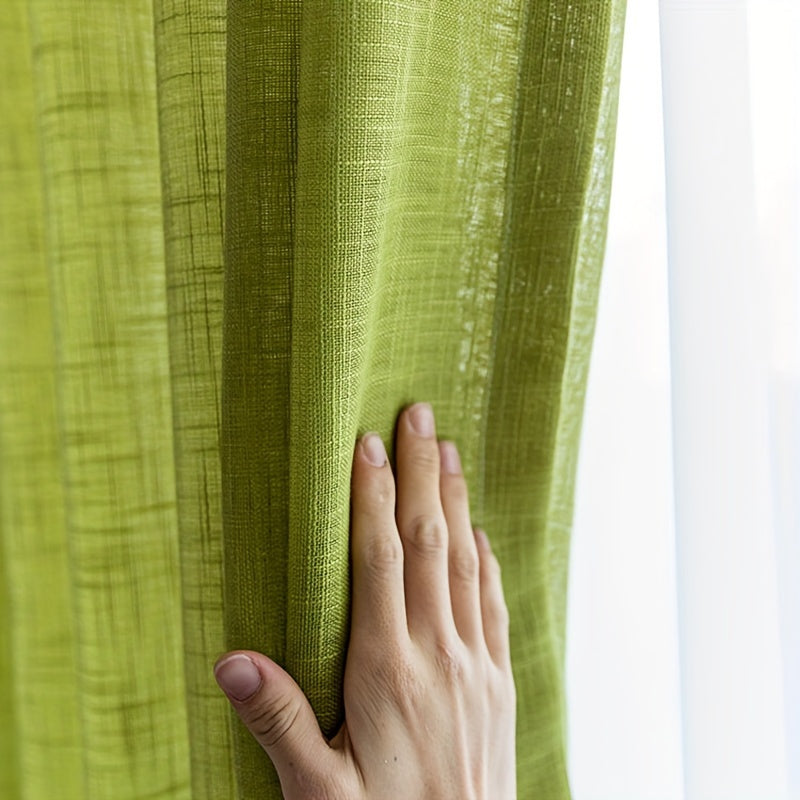 Rideau voilage vert texturé épais effet lin moderne (2 panneaux), largeur 200 à 299 cm