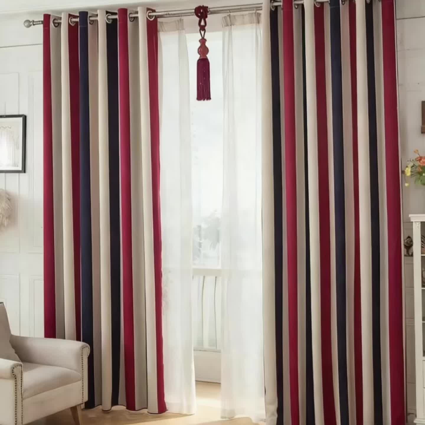 Rideau à rayures rouge bleu style méditerranéen en polyester (1 panneau)
