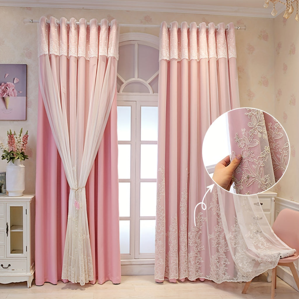 Rideaux occultants double épaisseur avec dentelle brodée romantique (2, largeur 200 à 299 cm